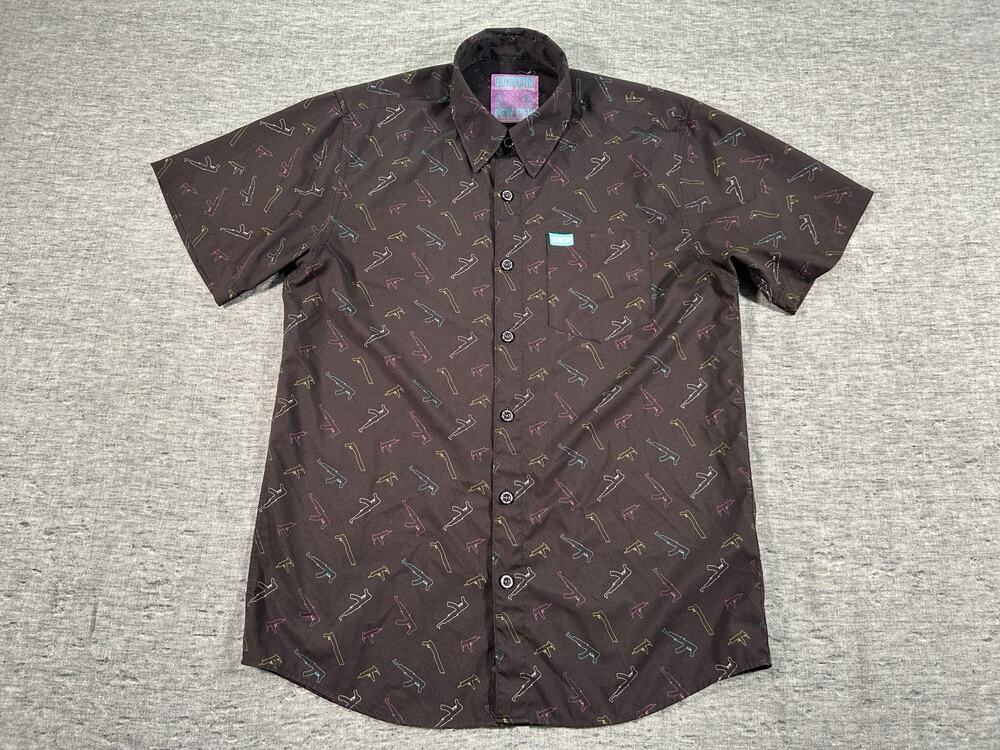 Dixxon Pew Pew Party Shirt Mens Small Black Gun Print Short Sleeve Biker AOP